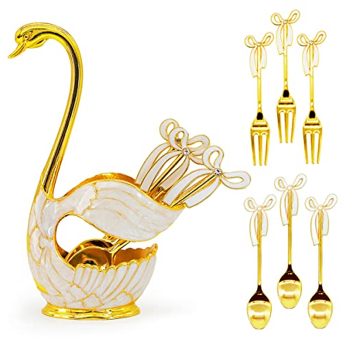 Flylin Coffee Dessert Spoon Fork Set Swan Base Holder with 3 Spoons and 3 Forks Coffee Dessert Sugar Flatware for Fruit Dessert Stirring Sugar Ice Cream Gold