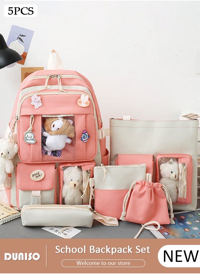 DUNISO 5 Pcs School Bags Set With Anti-Theft,School Backpack Set For Girls With Multiple Pockets ,Anime And Cartoon Schoolbag Set For New Semester Gifts ,Fashion Bookbag Set For Primary Elementary High School And Girls Kindergarten  - Image 1