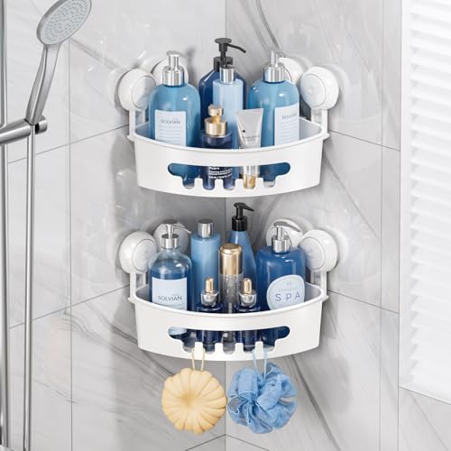 TAILI Suction Corner Shower Caddy, Bathroom Shelf Storage Basket Wall Mounted Organizer for Shampoo, Conditioner, Plastic Rack for Kitchen&Bathroom, Drill-Free Removable (2 Pack) - Image 1
