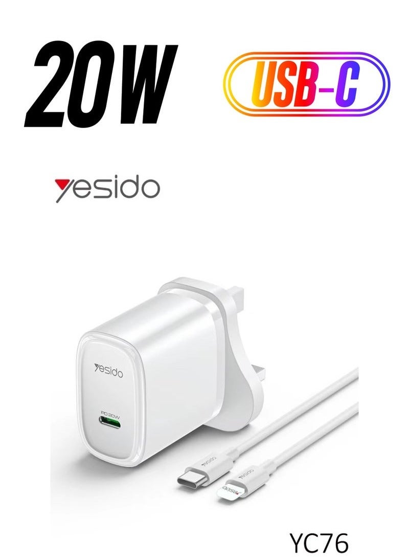 Yesido YC76 PD 20W USB Type-C Single Port Quick Charger || Fast Charging for Smartphones - Tablets, and More – Power Delivery (PD) Technology – Compatible with iPhone, Samsung, Android Devices – Compact & Lightweight – Ideal for Home, Office, and Travel Use  White - Image 1