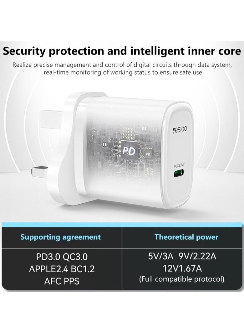 Yesido YC76 PD 20W USB Type-C Single Port Quick Charger || Fast Charging for Smartphones - Tablets, and More – Power Delivery (PD) Technology – Compatible with iPhone, Samsung, Android Devices – Compact & Lightweight – Ideal for Home, Office, and Travel Use  White - Image 5