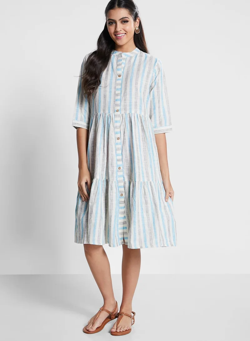 kolaba Striped Tiered Button Detail Dress