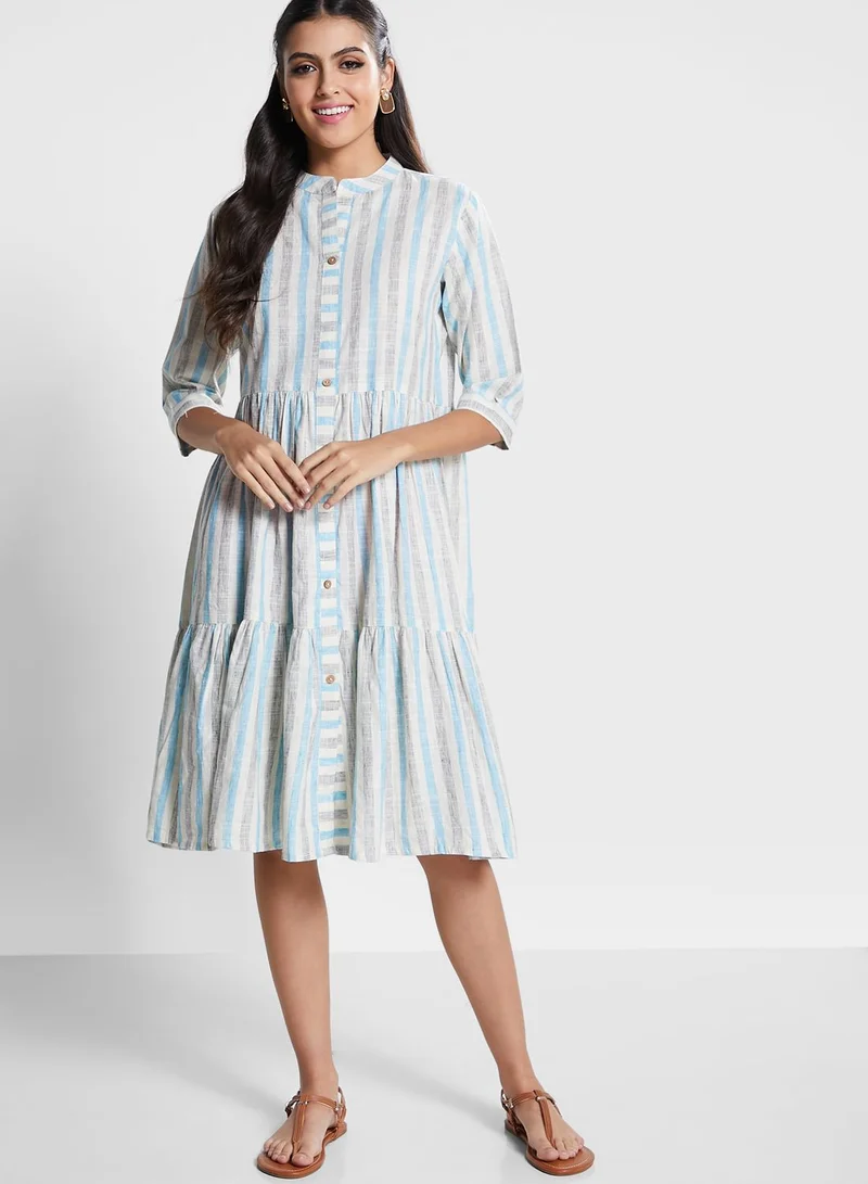 kolaba Striped Tiered Button Detail Dress