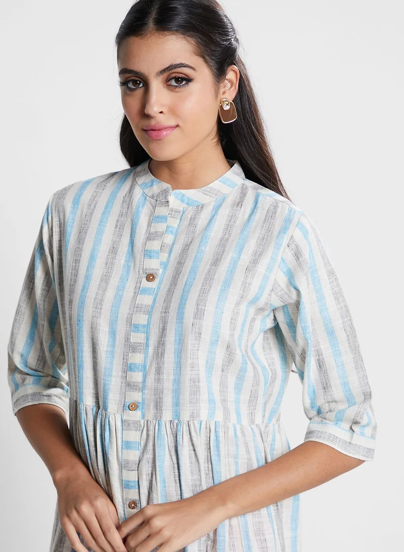 kolaba Striped Tiered Button Detail Dress