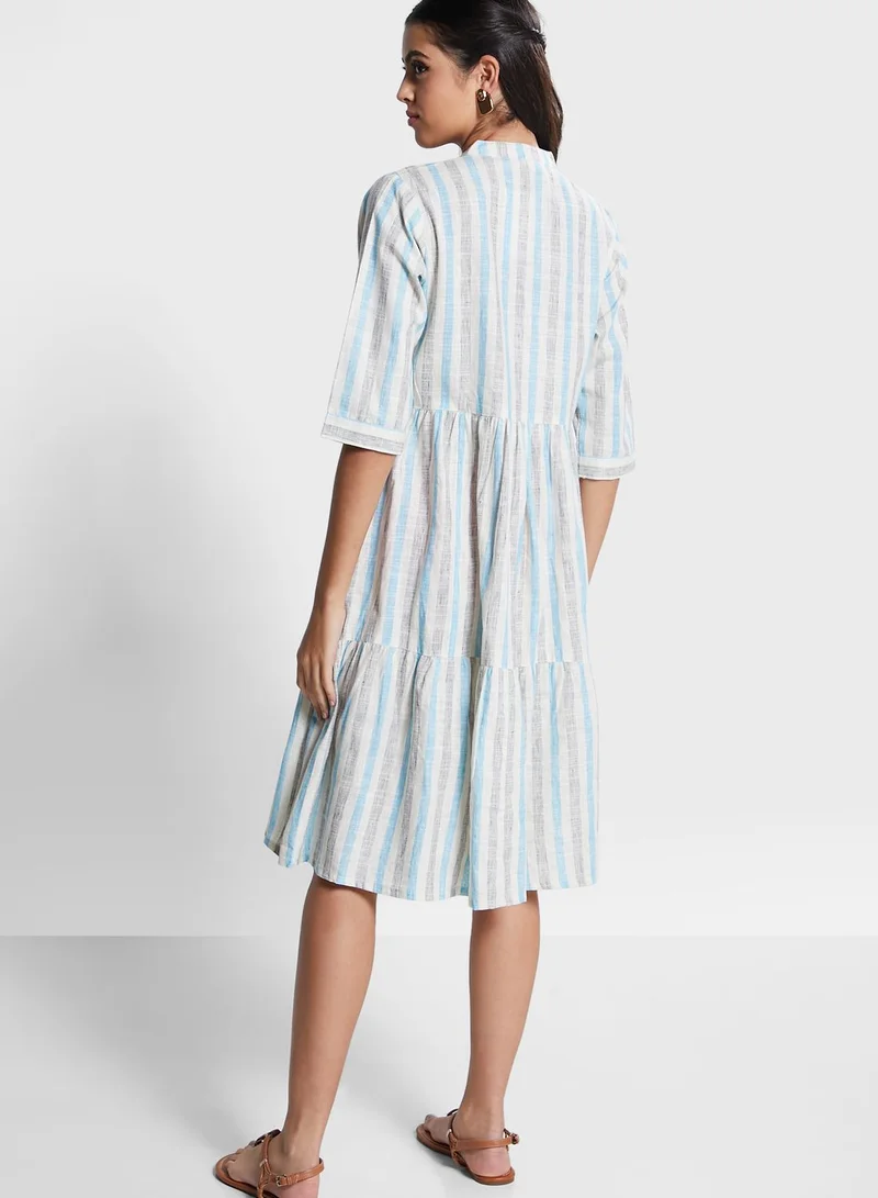 kolaba Striped Tiered Button Detail Dress