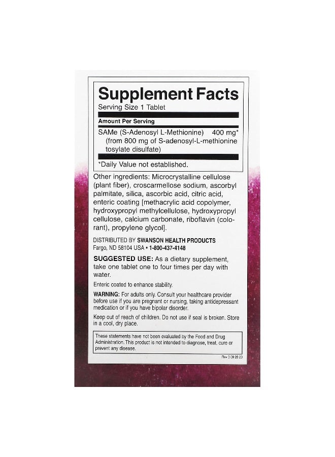 Swanson, SAMe, High Potency, 400 mg, 30 Tablets - Image 2