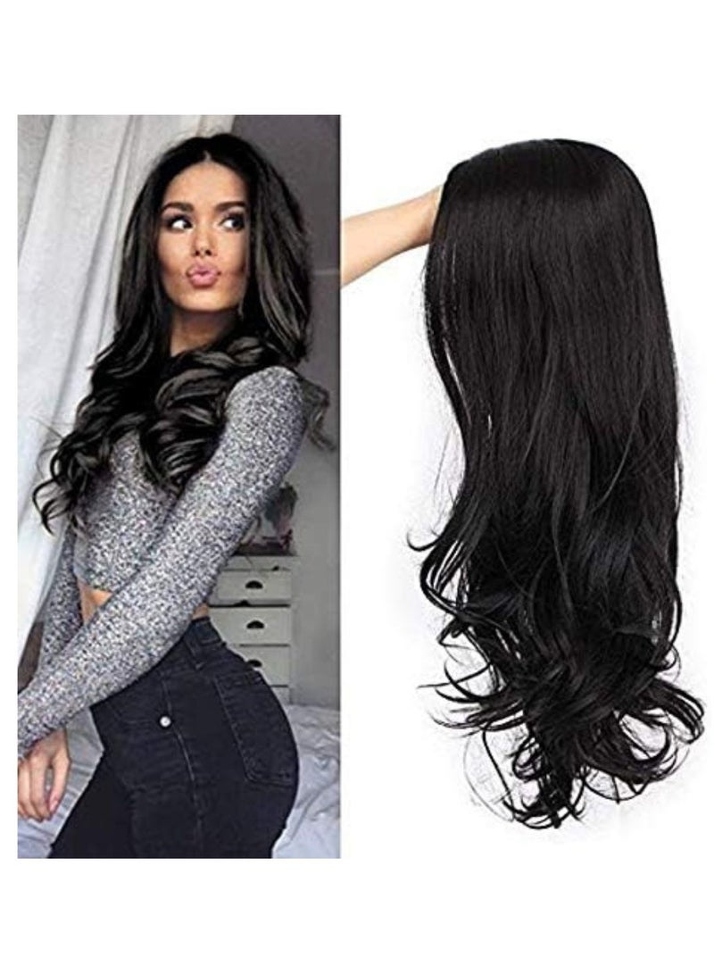 إستيل شعر مستعار طويل مموج بدون غرة، شعر مستعار صناعي عالي المقاومة للحرارة، مجعد للنساء والفتيات، شعر مجعد ذو مظهر طبيعي وجميل (طويل، بدون موجة فضفاضة باللون الأسود) - Image 1