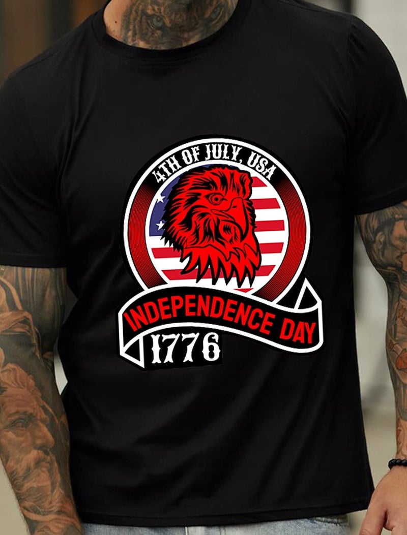Foreign Trade Cross-border European and American European Code plus size Retro Independence Day Printed Pattern Fashion Men's Cotton Summer T-Shirt - Image 1