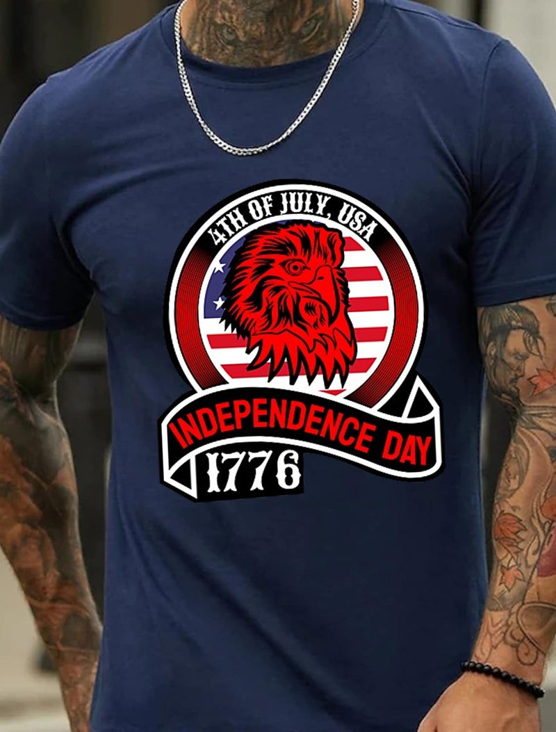 Foreign Trade Cross-border European and American European Code plus size Retro Independence Day Printed Pattern Fashion Men's Cotton Summer T-Shirt - Image 2