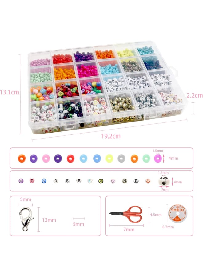 4mm Bead Making Bracelet String Necklace Ring Supplies Girl Braid Hair Beading, DIY Jewelry Kit for Adults Glass Seed Letters Smiley Heart Shapes Flat Numbers Color Preppy Clay Bead s - Image 2