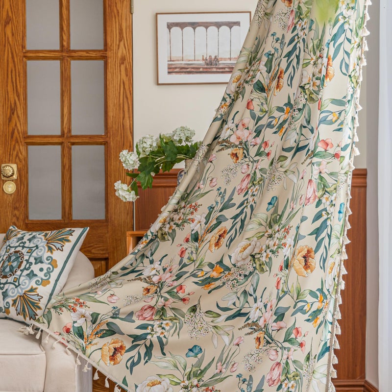 Erbnaryx Boho Floral Curtains French Country Farmhouse Curtains 63 Inches Long Light Filtering Window Rod Pocket Drapes for Living Room 2 Panels-Green Floral - Image 1