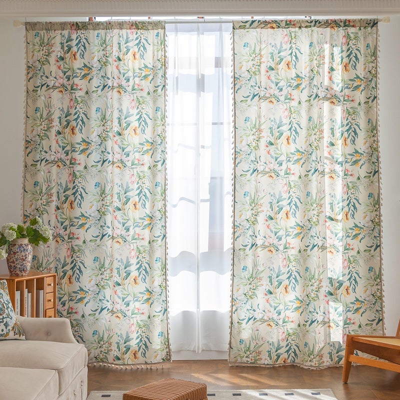 Erbnaryx Boho Floral Curtains French Country Farmhouse Curtains 63 Inches Long Light Filtering Window Rod Pocket Drapes for Living Room 2 Panels-Green Floral - Image 2