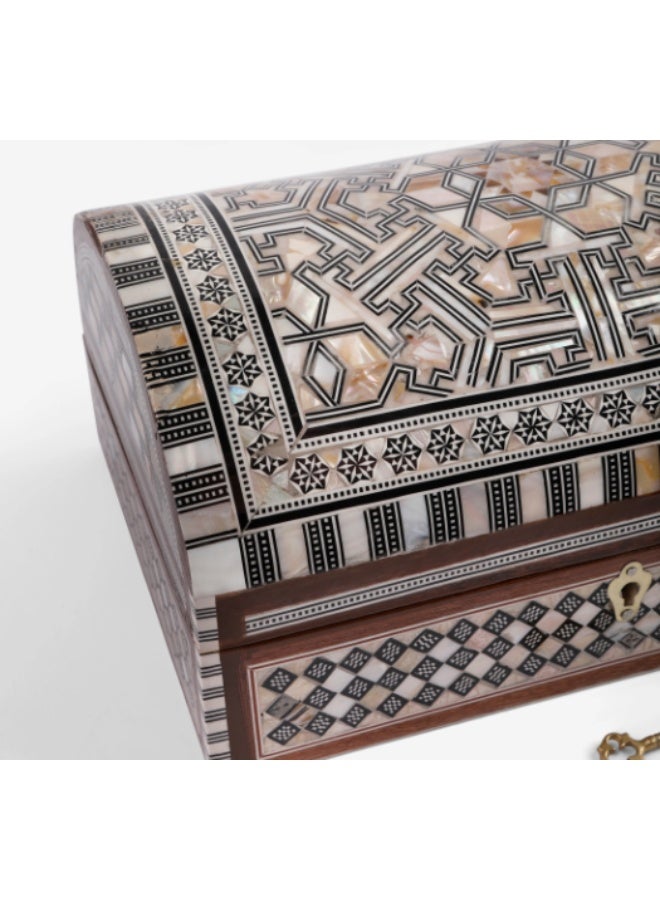 Handmade Domed Wooden Jewelry Box Inlaid with Natural Shell & Mother of Pearl with Key, Multicolor - Size 17.5 cm - Image 4