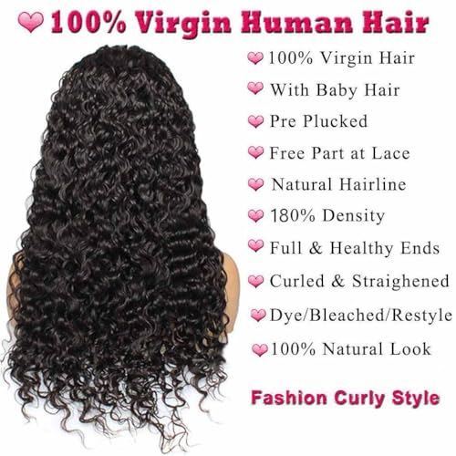 WPPIKK 13x4 Lace Front Wigs Human Hair Pre Plucked 180 Density Brazilian Wet and Wavy Human Hair Wigs for Black Women Glueless Curly Lace Frontal Wig Natural Color (28 Inch) - Image 2