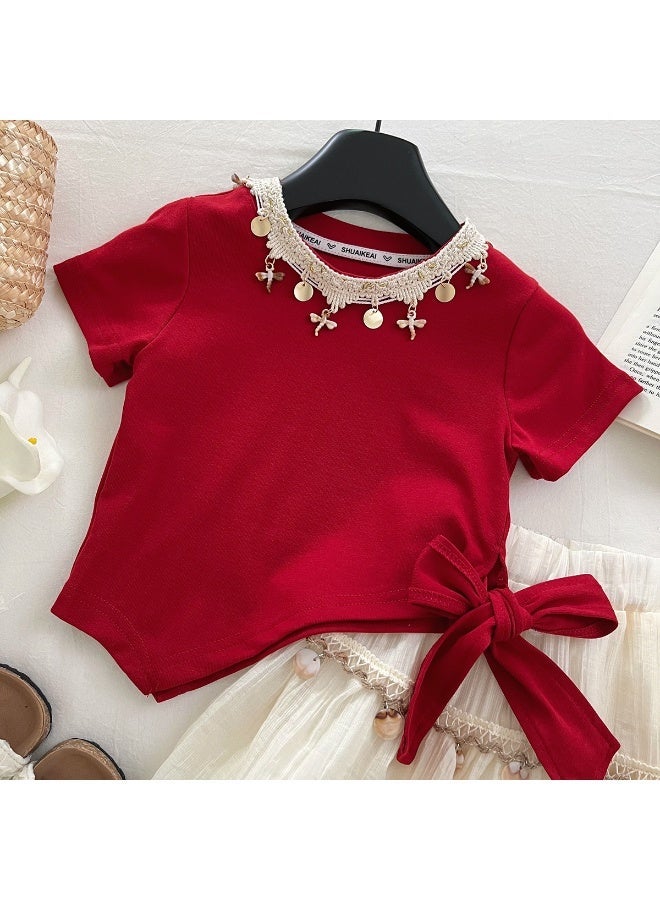 Ayada Home Girls Bohemian Two-Piece Outfit, Gold Decor Short Sleeve Top With Side Bow & Layered Skirt Set For Kids - Image 5