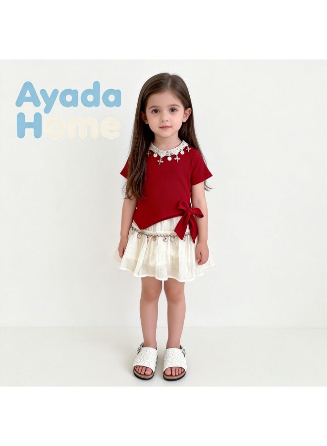 Ayada Home Girls Bohemian Two-Piece Outfit, Gold Decor Short Sleeve Top With Side Bow & Layered Skirt Set For Kids - Image 1