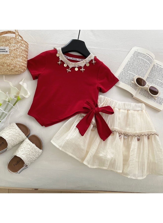 Ayada Home Girls Bohemian Two-Piece Outfit, Gold Decor Short Sleeve Top With Side Bow & Layered Skirt Set For Kids - Image 4