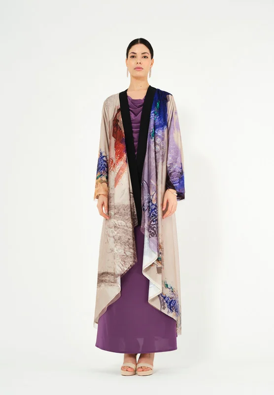 Thouq Beautiful Printed chiffon Jalabiya With Cowl Neckline With Long Sleeves