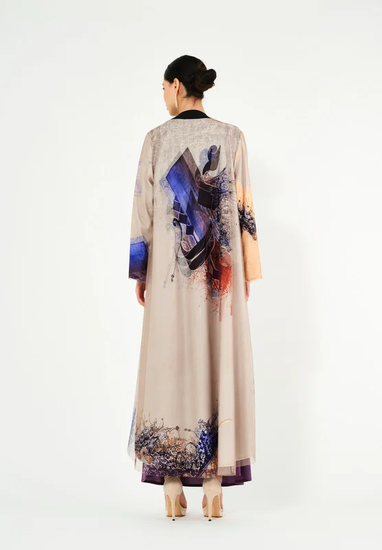 Thouq Beautiful Printed chiffon Jalabiya With Cowl Neckline With Long Sleeves