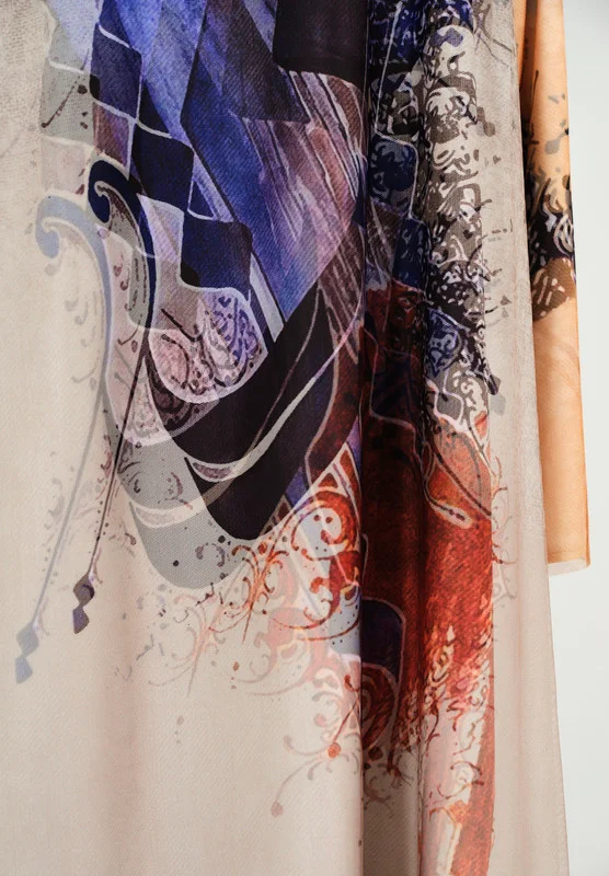 Thouq Beautiful Printed chiffon Jalabiya With Cowl Neckline With Long Sleeves