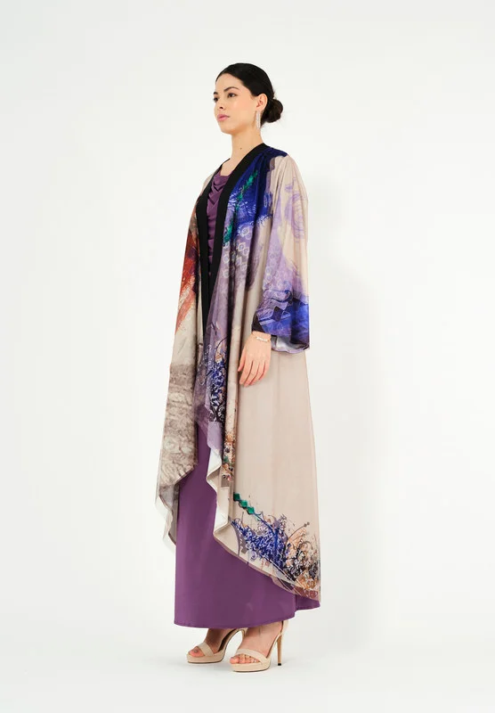 Thouq Beautiful Printed chiffon Jalabiya With Cowl Neckline With Long Sleeves
