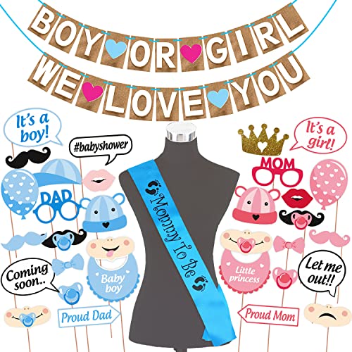 WOBBOX Baby Shower Combo of Party Props 30 Pcs & Jute Style Boy Or Girl We Love You Bunting Banner, with Mommy to be Blue Sash, Baby Shower Decoration Item (Pack of 3) - Image 1