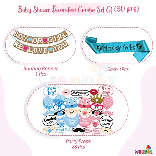 WOBBOX Baby Shower Combo of Party Props 30 Pcs & Jute Style Boy Or Girl We Love You Bunting Banner, with Mommy to be Blue Sash, Baby Shower Decoration Item (Pack of 3) - Image 2