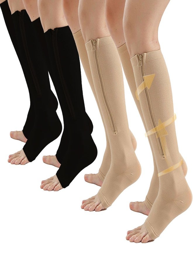 Yanmide 4 Pairs Zipper Compression Socks Women & Men, 15-20 Mmhg Compression Socks with Zipper, Medical Compression Socks with Zipper, Toeless Lining for Varicose Veins, Edema, Recover (Black/Beige Open Toe, Large-X-Large) - Image 1