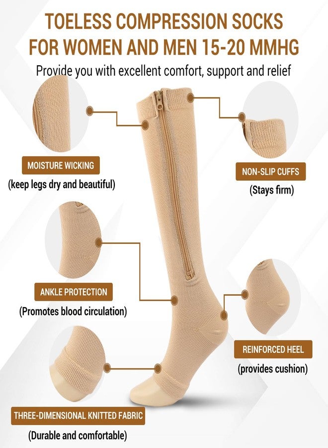 Yanmide 4 Pairs Zipper Compression Socks Women & Men, 15-20 Mmhg Compression Socks with Zipper, Medical Compression Socks with Zipper, Toeless Lining for Varicose Veins, Edema, Recover (Black/Beige Open Toe, Large-X-Large) - Image 3