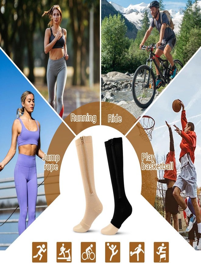 Yanmide 4 Pairs Zipper Compression Socks Women & Men, 15-20 Mmhg Compression Socks with Zipper, Medical Compression Socks with Zipper, Toeless Lining for Varicose Veins, Edema, Recover (Black/Beige Open Toe, Large-X-Large) - Image 5