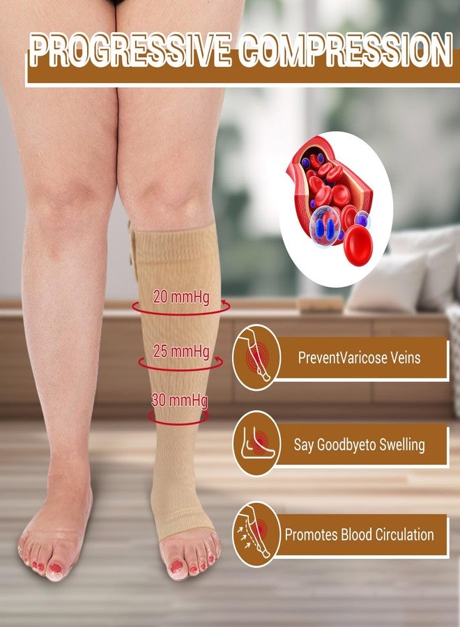 Yanmide 4 Pairs Zipper Compression Socks Women & Men, 15-20 Mmhg Compression Socks with Zipper, Medical Compression Socks with Zipper, Toeless Lining for Varicose Veins, Edema, Recover (Black/Beige Open Toe, Large-X-Large) - Image 2