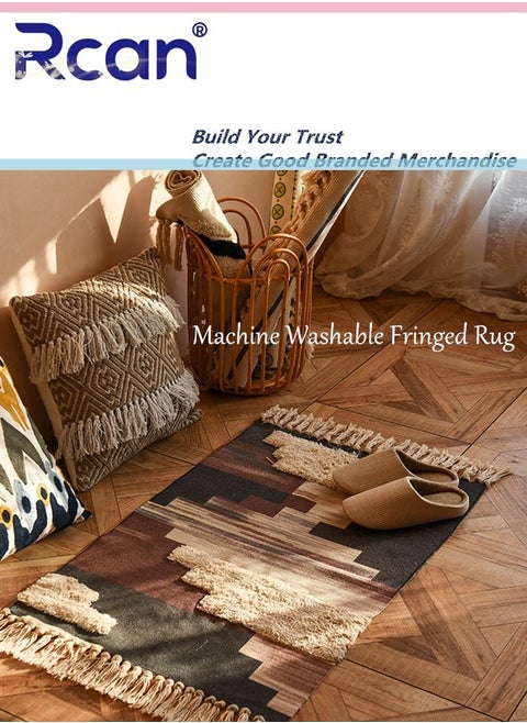 Bohemian Hand Woven Tassel Cotton Area Rug, Foldable Ultra-thin Carpet, Long Strip Vintage Decorative Carpet, Machine Washable Floor Mat, for Laundry Room Entrance Bedroom Bathroom Kitchen