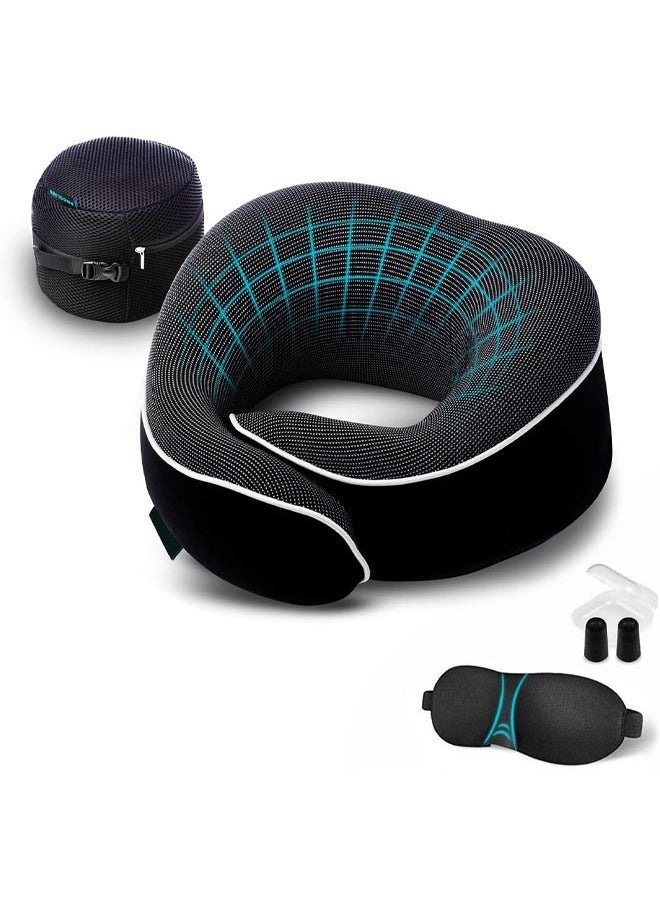 Arabest Orthopedic Neck Pillow, Travel Neck Pillows for Airplanes, Memory Foam Kit, Updated Resting Material, Airplane Travel Set with 3D Contoured Eye Masks, Earplugs, and Luxury Mesh Bag, Black  - Image 1