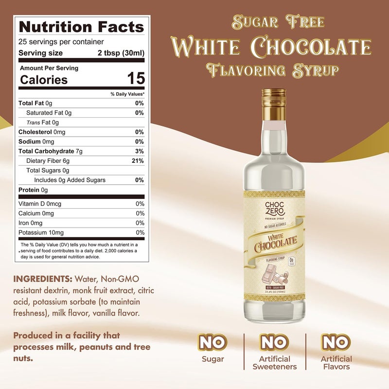 ChocZero Sugar Free White Chocolate Syrup - Keto Friendly Flavoring Syrup for Coffee, 25.4 Ounces - Image 2