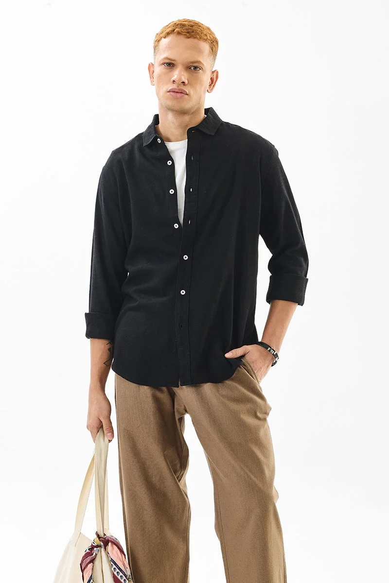 سنيتش Black Solid Long Sleeve Slim Fit Shirt