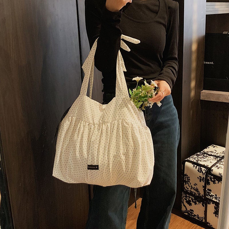 Lazy Style Large Capacity Cloth Bag Style Texte Girl'S Shoulder Bag Korean Style White Polka Dot Canvas Tote Bag - Image 5