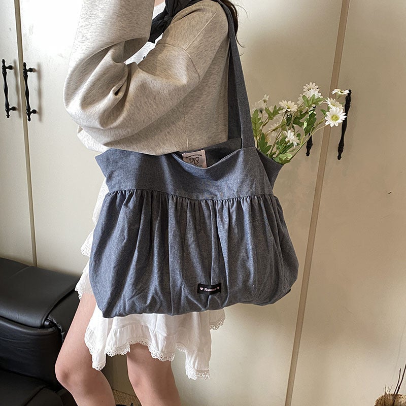 Lazy Style Large Capacity Cloth Bag Style Texte Girl'S Shoulder Bag Korean Style White Polka Dot Canvas Tote Bag - Image 3