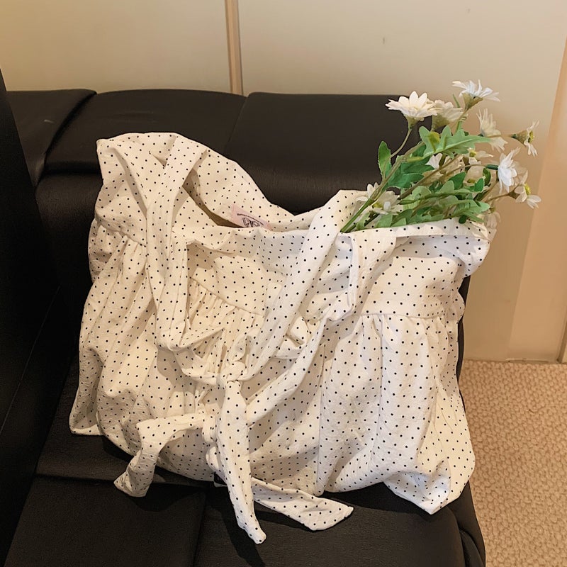 Lazy Style Large Capacity Cloth Bag Style Texte Girl'S Shoulder Bag Korean Style White Polka Dot Canvas Tote Bag - Image 2