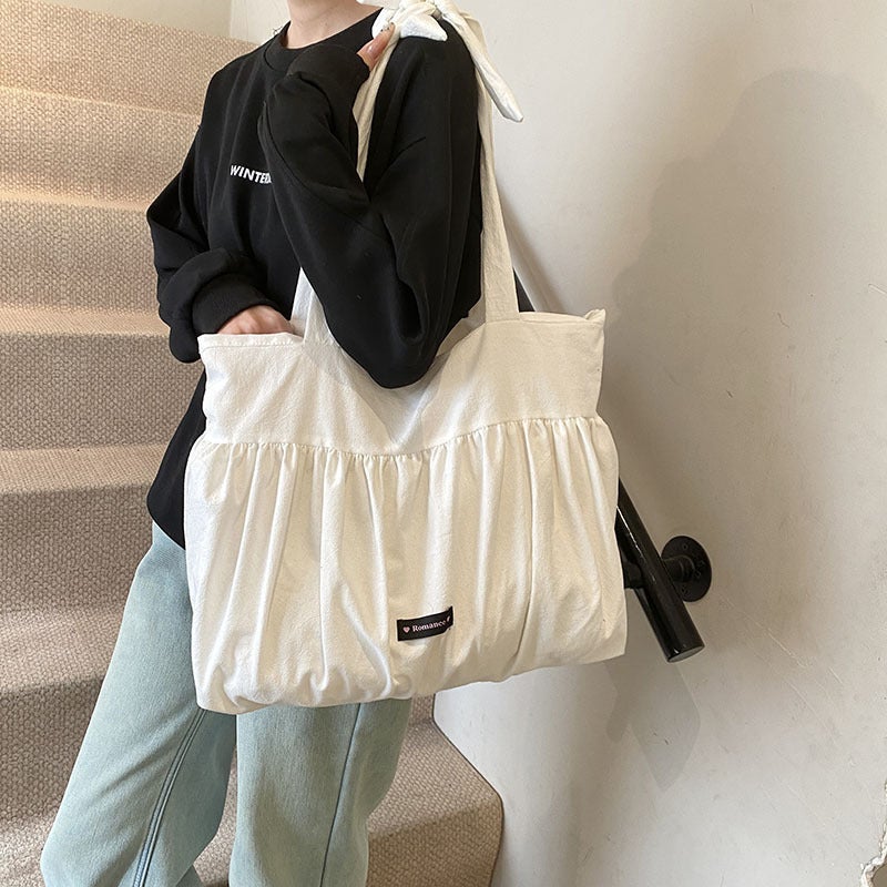 Lazy Style Large Capacity Cloth Bag Style Texte Girl'S Shoulder Bag Korean Style White Polka Dot Canvas Tote Bag - Image 4