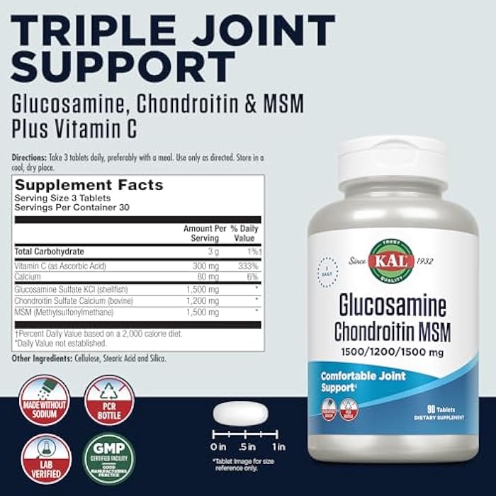 KAL Glucosamine Chondroitin MSM, Joint Support Supplement for Women and Men, 1500mg Glucosamine Sulfate, 1200mg Chondroitin, 1500mg MSM, Rapid Disintegration, 60-Day Guarantee, 30 Servings, 90 Tablets - Image 2