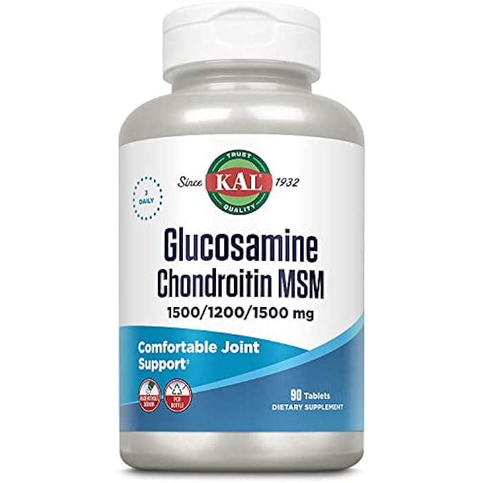 KAL Glucosamine Chondroitin MSM, Joint Support Supplement for Women and Men, 1500mg Glucosamine Sulfate, 1200mg Chondroitin, 1500mg MSM, Rapid Disintegration, 60-Day Guarantee, 30 Servings, 90 Tablets - Image 1