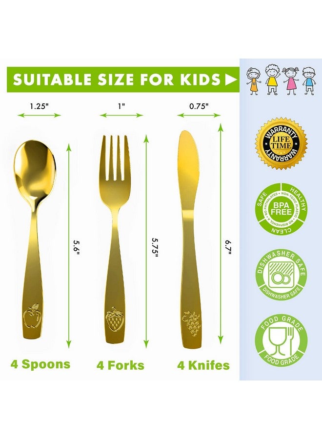 تشيل أوت لايف طقم أدوات مائدة للأطفال من الفولاذ المقاوم للصدأ مكون من 12 قطعة - أدوات مائدة آمنة للأطفال والصغار - طقم أدوات مائدة للأطفال - طقم أدوات مائدة معدني للأطفال يتضمن 4 ملاعق صغيرة للأطفال و4 شوك و4 سكاكين - ذهبي - Image 1