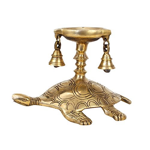 Artvarko Brass Diya Tortoise Stand with Three Bells | Vastu Kachua Designer Deepak Deepam Home Office Decor Decorative Table Showpiece Gifts in Gold Color Height 6 Inches - Image 1