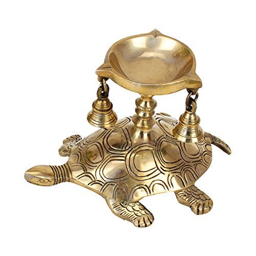 Artvarko Brass Diya Tortoise Stand with Three Bells | Vastu Kachua Designer Deepak Deepam Home Office Decor Decorative Table Showpiece Gifts in Gold Color Height 6 Inches - Image 3