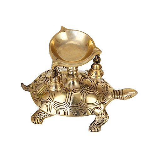 Artvarko Brass Diya Tortoise Stand with Three Bells | Vastu Kachua Designer Deepak Deepam Home Office Decor Decorative Table Showpiece Gifts in Gold Color Height 6 Inches - Image 2
