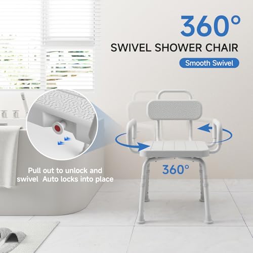 Loyoda 360° Swivel Shower Chair for Inside Shower, Removable Arms & Back, Adjustable Height Rotating Shower Stool for Seniors and Disabled，Swivel Bath Chair for Inside Tub，Neutral Gray - Image 2