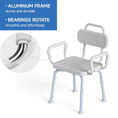 Loyoda 360° Swivel Shower Chair for Inside Shower, Removable Arms & Back, Adjustable Height Rotating Shower Stool for Seniors and Disabled，Swivel Bath Chair for Inside Tub，Neutral Gray - Image 3