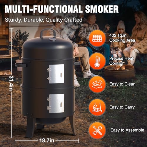GRiliFE 16" Charcoal Smoker, 3 in 1 Heavy Duty Vertical Barbecue Grill, Outdoor Fire Pit 402 Square Inches Cooking Area, Versatile Outdoor Smoker Grill, Black - Image 2