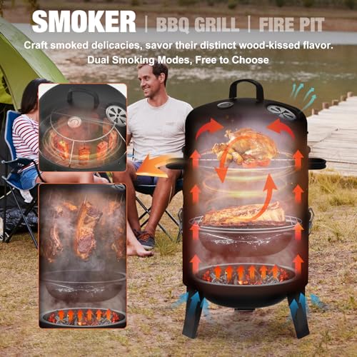 GRiliFE 16" Charcoal Smoker, 3 in 1 Heavy Duty Vertical Barbecue Grill, Outdoor Fire Pit 402 Square Inches Cooking Area, Versatile Outdoor Smoker Grill, Black - Image 3