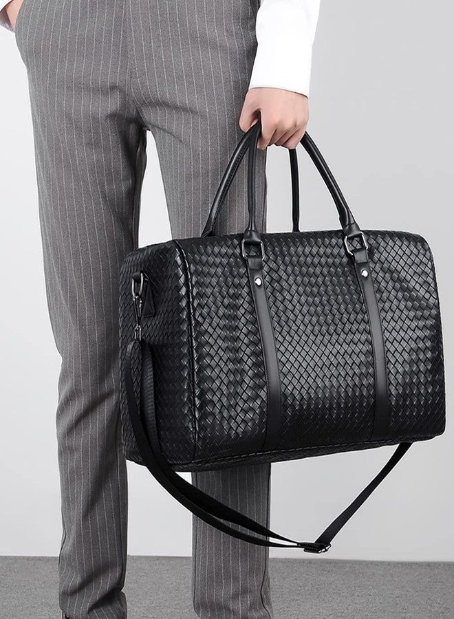 MCWTH Leather Travel Duffle Bag for Men, Woven Carry On Weekender Overnight Bags for Business Sports Gym (Black) - Image 5